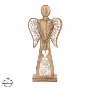 Anděl dřevo MANGO bílé srdce+vločky