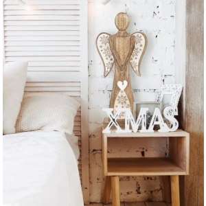 Anděl dřevo MANGO bílé srdce+vločky