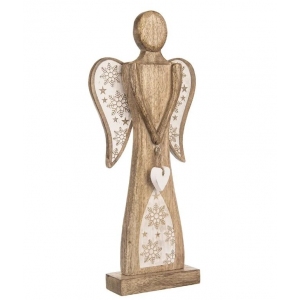 Anděl dřevo MANGO bílé srdce+vločky