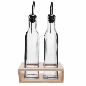Láhev sklo ocet/olej 2 ks+stojan dřevo