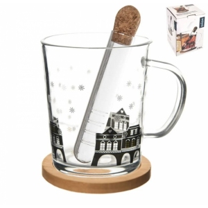 Hrnek sklo/bambus podšálek+infuzér DOMKY 0,42 l